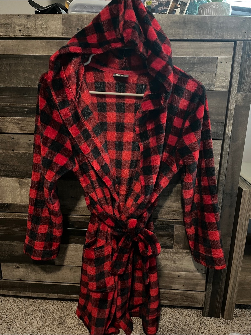 Eddie Bauer Red and Black Buffalo Plaid Hooded Coat